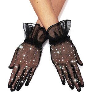 Women's Unique Rhinestone Black Diamond Short Sparkle Lace Sheer Style Gloves